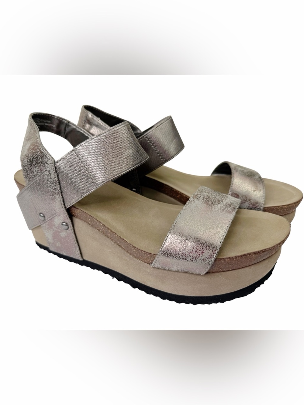 Crown Vintage Wedge Sandals Sling Back Open Toe Metallic Pewter Women’s Size 8